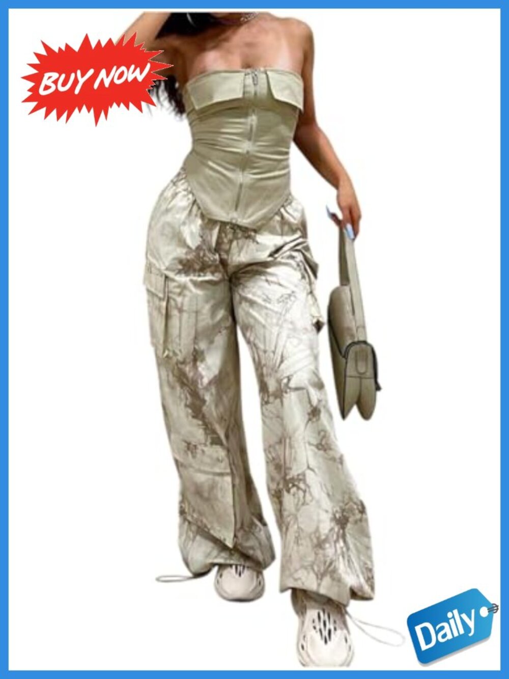 Women's 2-Piece Tube Crop Top & Wide Leg Cargo Pants Set Sleeveless Summer